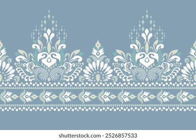 Patrón de sarong, patrón floral de Ikat sobre fondo azul, Ilustración vectorial, patrón oriental étnico de Ikat, bordado de Ikat, estilo azteca, dibujado a mano. diseño para textura, tela, ropa, decoración, sarong, impresión