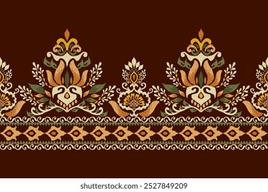 Sarong pattern,Ikat floral pattern on brown background,vector illustration,Ikat ethnic oriental pattern,Ikat embroidery,Aztec style,hand drawn.design for texture,fabric,clothing,decoration,sarong.