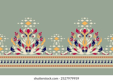 Sarong pattern,Ikat floral pattern on green background,vector illustration,Ikat ethnic oriental pattern,Ikat embroidery,Aztec style,hand drawn.design for texture,fabric,clothing,decoration,sarong.
