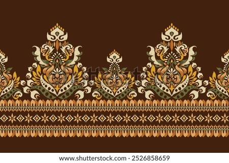 Sarong pattern,Ikat floral pattern on brown background,vector illustration,Ikat ethnic oriental pattern,Ikat embroidery,Aztec style,hand drawn.design for texture,fabric,clothing,decoration,sarong,sleeve