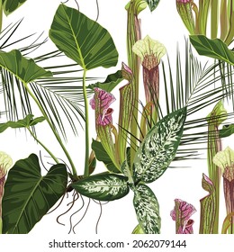 Sarracenia exotic flowers. Seamless floral pattern with green glossy flowers and palm leaves. Tropical pattern on a white background. 