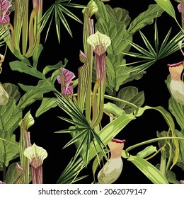 Sarracenia exotic flowers. Seamless floral pattern with green glossy flowers and palm leaves. Tropical pattern on a black background. 