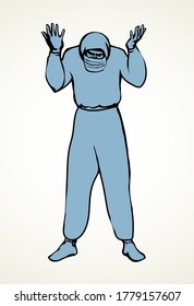 Médico con uniforme del virus. Dibujo de vectores