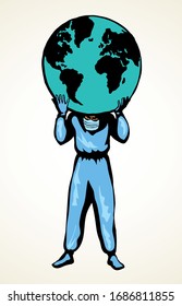 El médico de Atlas mantiene la tierra sobre sus hombros. Icono de dibujo del vector