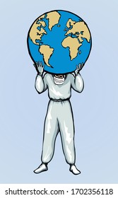 Sars 2019 immune science prevent ecology hazard stop warn care 19 attent alert. Danger cold flu breath mer patient. Cartoon graphic China titan laboratory woman lift heavy work control burden vector