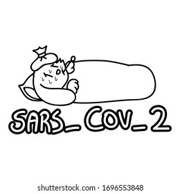 Sars cov 2 crisis bunny unwell with fever corona virus in bed illustration. Cute rabbit with covid 19 infographic for kids. Clipart of friendly childrens character. Monochrome lineart vector.