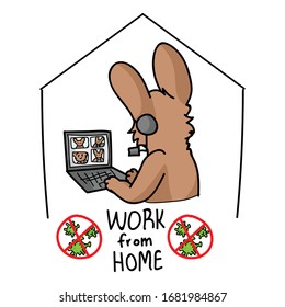 Sars cov 2 crisis work from home banner poster. Cute bunny on video confrencing call covid 19 infographic for kids. Social media support clipart. Responsibly working cartoon concept vector sign. 