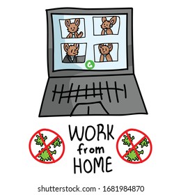 Sars cov 2 crisis work from home banner poster. Connect virtually video confrencing cute bunny covid 19 infographic for kids. Social media support clipart. Responsibly working cartoon concept vector.