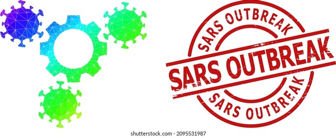 Sars Outbreak grunge stamp and low-poly spectrum colored virus gears icon with gradient. Red stamp has Sars Outbreak text inside round and lines form.