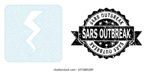 Sars Outbreak scratched seal imitation and vector thunder crack mesh model. Black stamp contains Sars Outbreak title inside ribbon and rosette. Abstract flat mesh thunder crack, built from flat mesh.