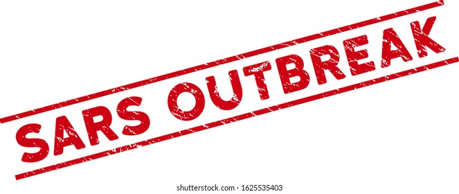 Sars Outbreak stamp seal. Red vector textured stamp imprint with Sars Outbreak phrase between parallel lines. Designed for rubber imitations with unclean rubber texture.