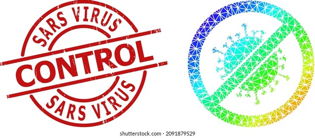 Marca de agua de goma de CONTROL del VIRUS SARS y icono de coronavirus de parada de color espectral bajo con gradiente. El sello rojo contiene la leyenda de Sars Virus Control en forma de redondo y líneas.