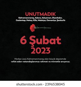 Türkiyeyi sarsan büyük deprem. 6 şubat 2023. Kahramanmaraş Depremi.
translation: we didn't forget! We commemorate those we lost in the earthquake of February 6, 2023, with mercy and gratitude.