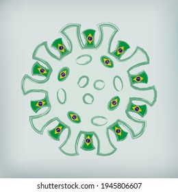 SARS-CoV-2 coronavirus with the Brazil flag in spikes. Illustration of the Covid-19 pandemic in Brazil. Symbolic of the Lineage P.1,  also known as the Brazil or Brazilian variant. B.1.1.248.