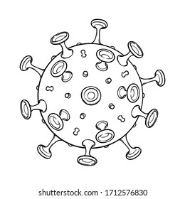 Representación esquemática del virus SARS-CoV-2. Agente infeccioso COVID-19. Dibujo de línea negra aislado en fondo blanco. Ilustración vectorial EPS10