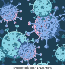 SARS-CoV-2 virion schematic representation. Seamless pattern with irregular and asymmetric elements distribution. White background. EPS10 vector illustration