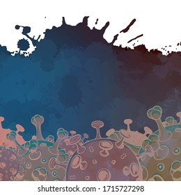 SARS-CoV-2 virion schematic representation. Temlate for card, blank or brochure cover. Colored sketch isolated on watercolor textured background. EPS10 vector illustration