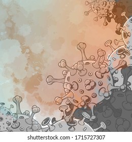 SARS-CoV-2 virion schematic representation. Temlate for card, blank or brochure cover. Colored sketch isolated on watercolor textured background. EPS10 vector illustration