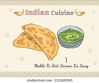 Sarson ka saag. Indian Punjabi Food Vector Colored doodled style Indian cuisine, dish. Traditional Food from India