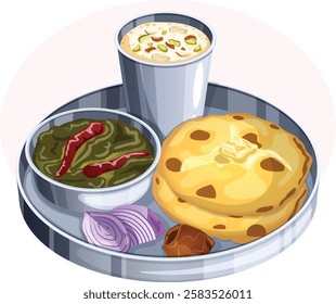 Sarson Ka Saag with Makki Ki Roti, Lassi, Onions and Gur or Jaggery. Authentic Punjabi Meal Served in Metal Thali Detailed Illustration 