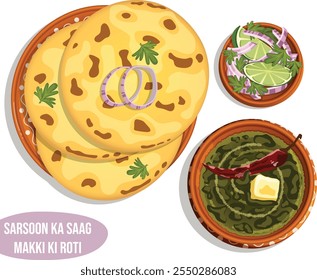 Sarsoon Ka Saag e Makki Roti serviram em Earthenware. Limão, salsa e cebolas enfeite em tigela esparsa. Vista superior tradicional indiana Punjabi Food Illustration 