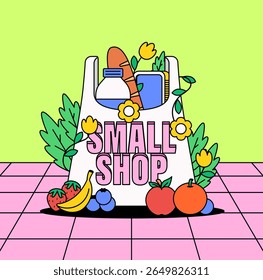 Sartoon illustration of a grocery bag labeled "Small Shop" filled with fresh produce and groceries including bread, milk, books, and surrounded by fruits and flowers for local businesses promotes