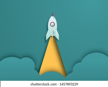 Sartup business and technology vector concept in modern paper cutout design. Space rocket flying up at launch. Symbol of innovation, development, progress. Eps10 illustration.