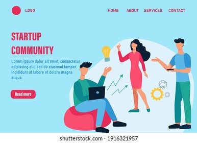 Sartup community landing page vector template. Teamwork, discussion of issues, generation of ideas, creativity. Young men and women work together. Flat cartoon vector illustration.