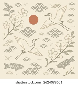 Garça Sarus, padrão japonês, ideal para papel de embrulho e padrões de estilo kimono