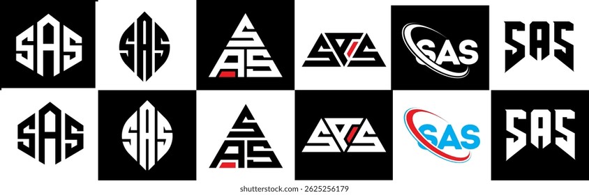 SAS letter logo design in six style. SAS polygon, circle, triangle, hexagon, flat and simple style with black and white color variation letter logo set in one artboard. SAS minimalist and classic logo