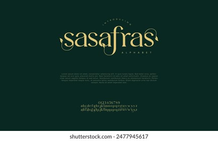 Sasafras Premium Luxus elegante Buchstaben und Zahlen Alphabet. Klassische Hochzeits-Typografie-Klassiker-Serif-Schrift-dekorativer Vintage-Retro. Kreative Vektorillustration