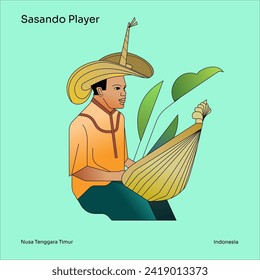 Ilustración del jugador Sasando. Sasando es un instrumento de cuerdas de música tradicional tipo arpa nativo de la isla Rote de Nusa Tenggara Oriental, Indonesia.