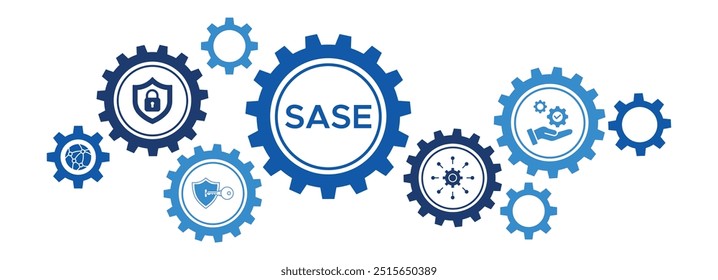 Concepto de Vector de Anuncio SASE (Secure Access Service Edge) con iconos para seguridad, protección de Contraseñas, marco de red y Asistencia