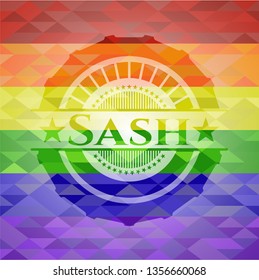 Sash emblem on mosaic background with the colors of the LGBT flag