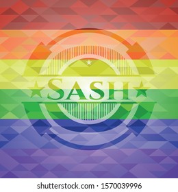 Sash emblem on mosaic background with the colors of the LGBT flag