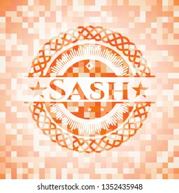 Sash orange tile background illustration. Square geometric mosaic seamless pattern with emblem inside.