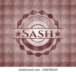 Sash red seamless emblem or badge with abstract geometric polygonal pattern background.