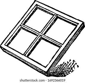 Sash in which the panes of glass are set, frame to hold panes, style of glazing is technically, vintage line drawing or engraving illustration.