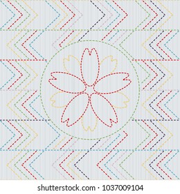 Sashiko. Abstract seamless pattern. Sakura flower in the frame. Quilting motif for a fancywork. Traditional japanese embroidery with blooming sakura flower. Floral backdrop. Needlework texture.