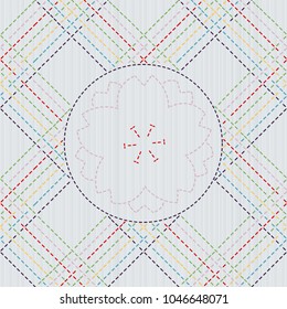 Sashiko. Abstract seamless pattern. Sakura flower in the frame. Quilting motif for a fancywork. Traditional japanese embroidery with blooming sakura flower. Floral backdrop. Needlework texture.
