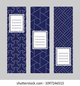 Sashiko banner set. Abstract texture. Traditional Japanese Embroidery Ornament. Set of vertical flyers. Indigo and white colors. Simple design for invitation, postcard or bookmark.