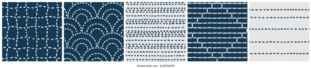 Sashiko embroidery seamless pattern set. Seigaiha, waves of sea and coordinating line and grid designs. Vector background collection with traditional Japanese textile decoration stitching technic.