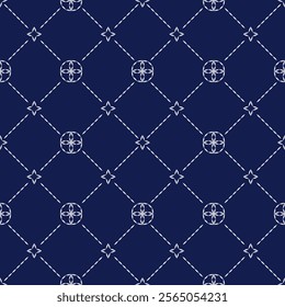 Sashiko embroidery seamless vector pattern. Needlework fabric design. Japanese embroidery ornament white stitches on the indigo blue background. 