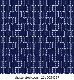 Sashiko embroidery seamless vector pattern. Needlework fabric design. Japanese embroidery ornament white stitches on the indigo blue background. 