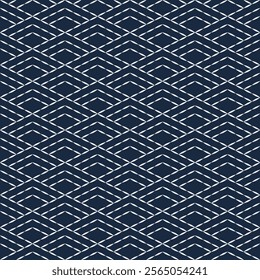 Sashiko embroidery seamless vector pattern. Needlework fabric design. Japanese embroidery ornament white stitches on the indigo blue background. 