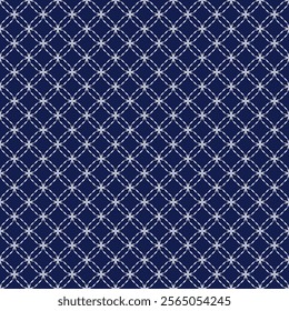 Sashiko embroidery seamless vector pattern. Needlework fabric design. Japanese embroidery ornament white stitches on the indigo blue background. 