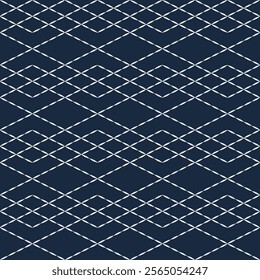 Sashiko embroidery seamless vector pattern. Needlework fabric design. Japanese embroidery ornament white stitches on the indigo blue background. 