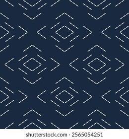 Sashiko embroidery seamless vector pattern. Needlework fabric design. Japanese embroidery ornament white stitches on the indigo blue background. 