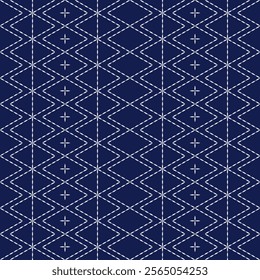 Sashiko embroidery seamless vector pattern. Needlework fabric design. Japanese embroidery ornament white stitches on the indigo blue background. 
