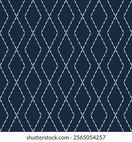 Sashiko embroidery seamless vector pattern. Needlework fabric design. Japanese embroidery ornament white stitches on the indigo blue background. 